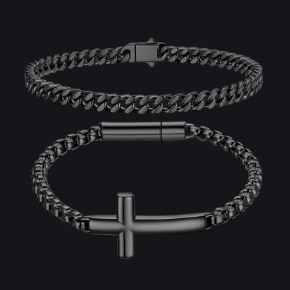 Men's Cuban Link & Cross Box Chain Bracelet Set