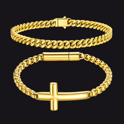 Men's Cuban Link & Cross Box Chain Bracelet Set