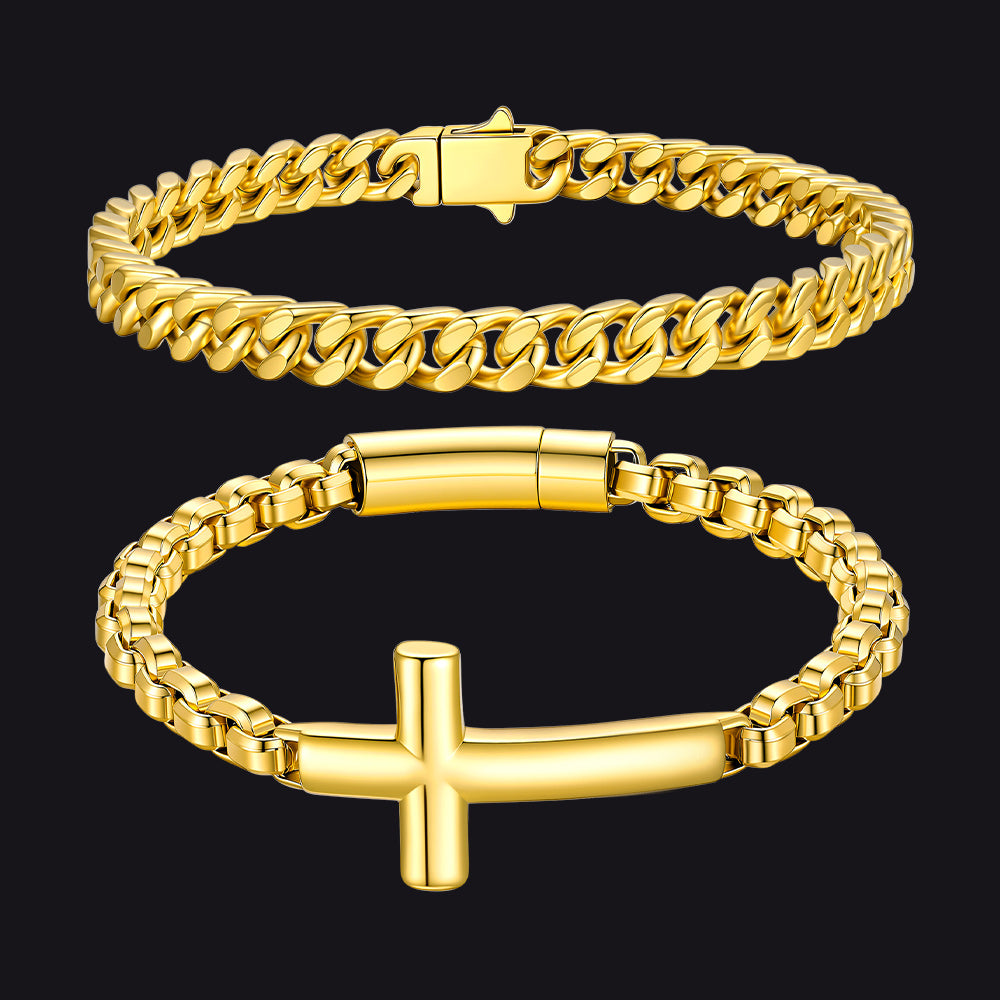 Men's Cuban Link & Cross Box Chain Bracelet Set