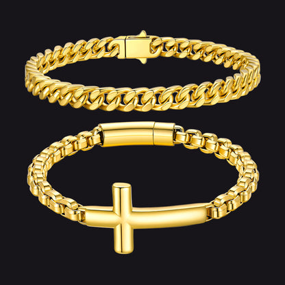 Men's Cuban Link & Cross Box Chain Bracelet Set