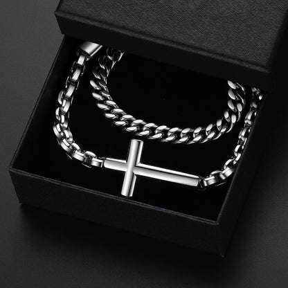 Men's Cuban Link & Cross Box Chain Bracelet Set