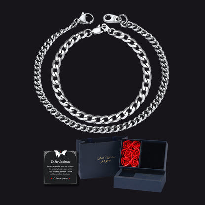 Couples Cuban Link Bracelet Set with Gift Box & Love Card