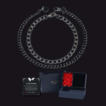 Couples Cuban Link Bracelet Set with Gift Box & Love Card