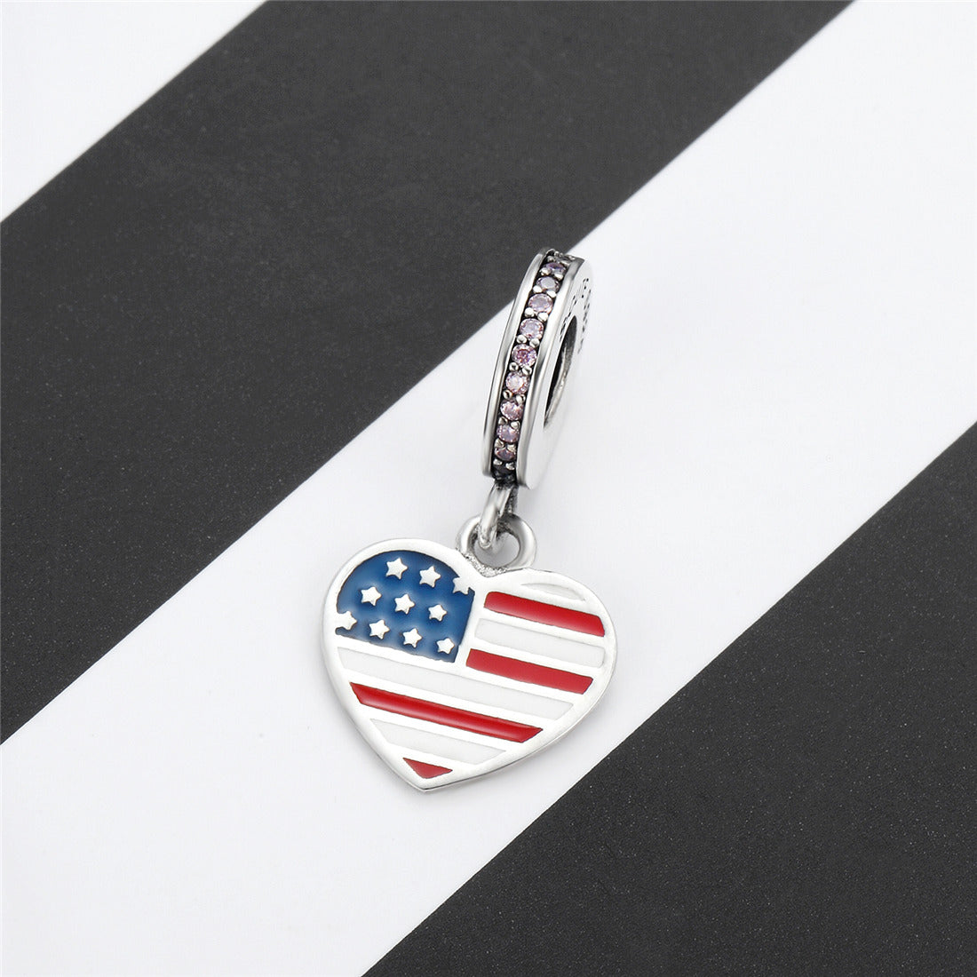 Cubic Zirconia American Flag Charm Beads Fit Bracelet Necklaces