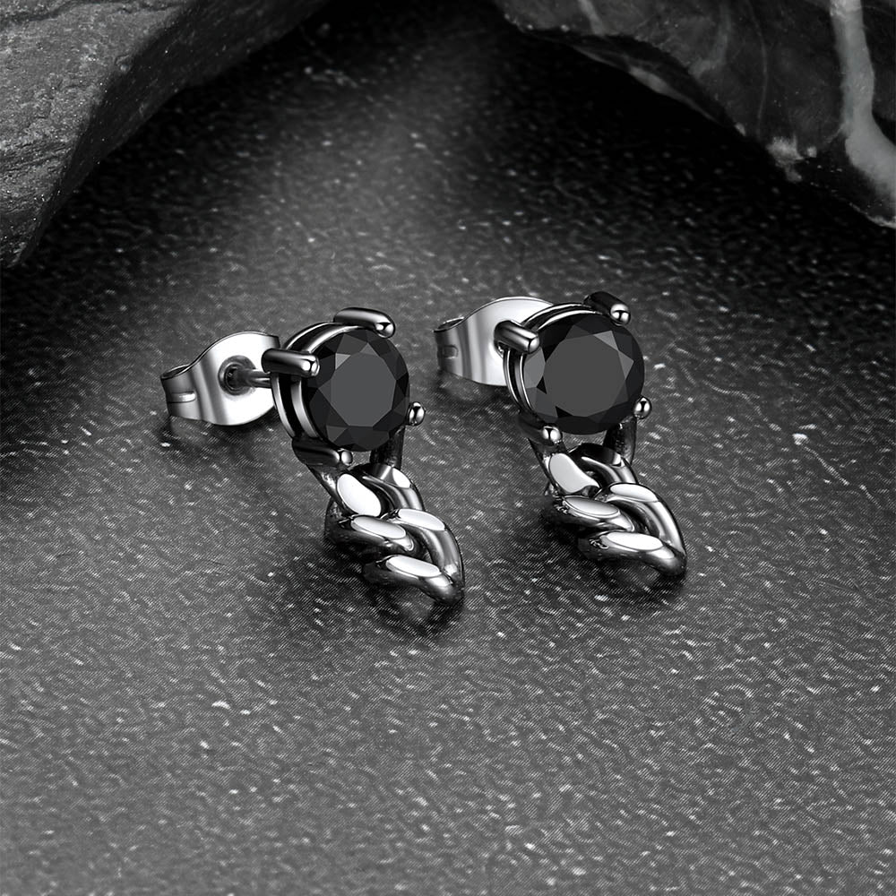 Tyche.21 Silver Black Cuban Link Chain Stud Earrings – Surgical Steel, Dangle Drop, Unisex