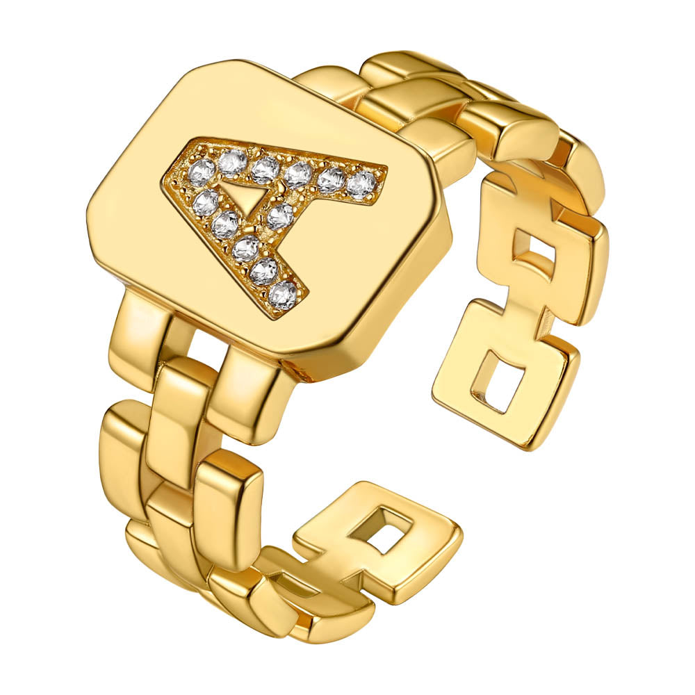 Cubic Zirconia Initial Letter Adjustable Chain Signet Rings for Women Men