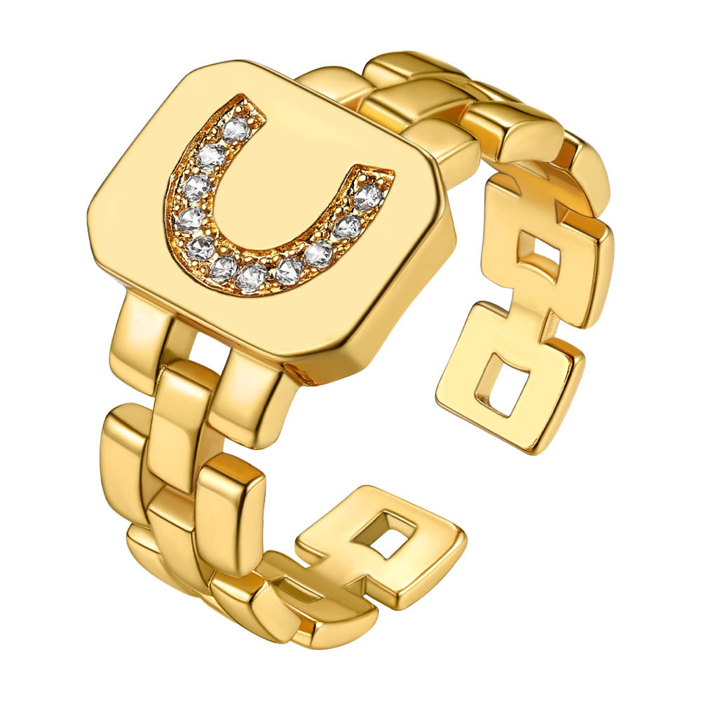 Cubic Zirconia Initial Letter Adjustable Chain Signet Rings for Women Men