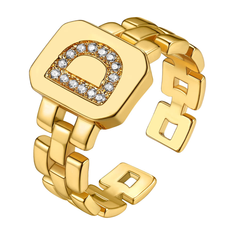 Cubic Zirconia Initial Letter Adjustable Chain Signet Rings for Women Men