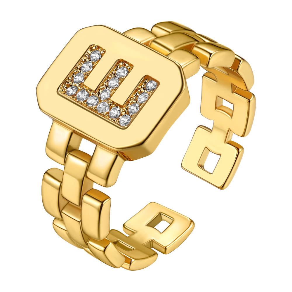 Cubic Zirconia Initial Letter Adjustable Chain Signet Rings for Women Men