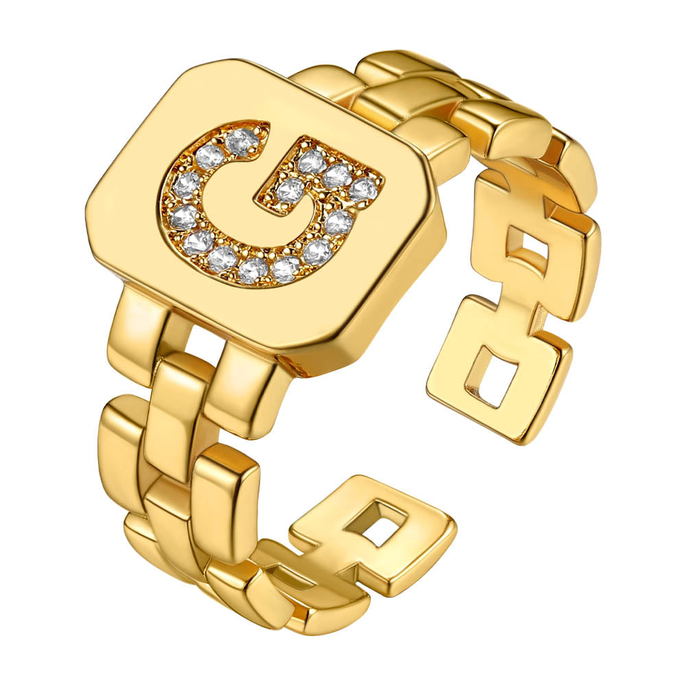 Cubic Zirconia Initial Letter Adjustable Chain Signet Rings for Women Men