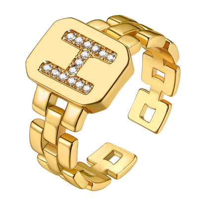 Cubic Zirconia Initial Letter Adjustable Chain Signet Rings for Women Men
