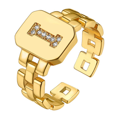 Cubic Zirconia Initial Letter Adjustable Chain Signet Rings for Women Men