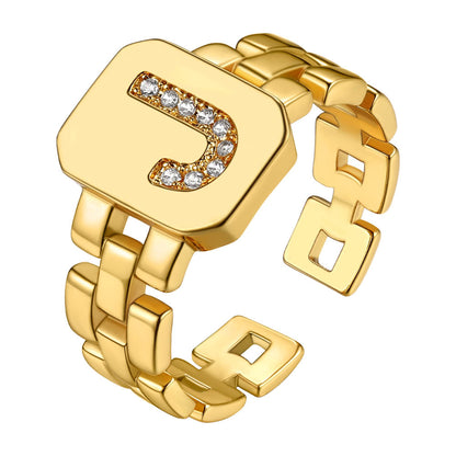 Cubic Zirconia Initial Letter Adjustable Chain Signet Rings for Women Men