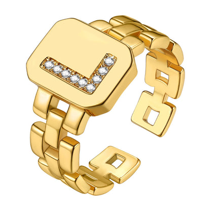Cubic Zirconia Initial Letter Adjustable Chain Signet Rings for Women Men