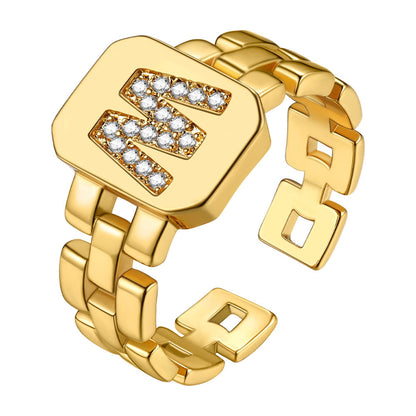 Cubic Zirconia Initial Letter Adjustable Chain Signet Rings for Women Men