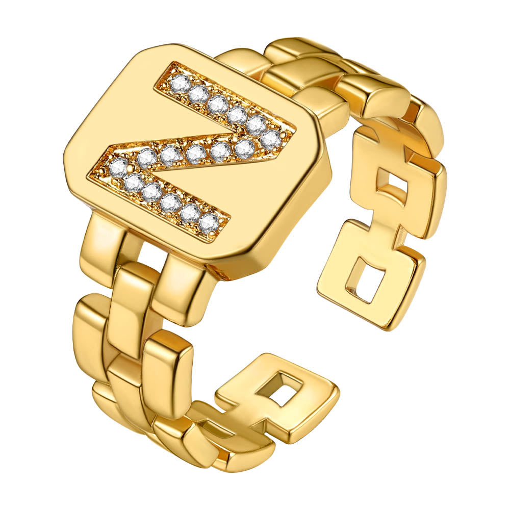 Cubic Zirconia Initial Letter Adjustable Chain Signet Rings for Women Men