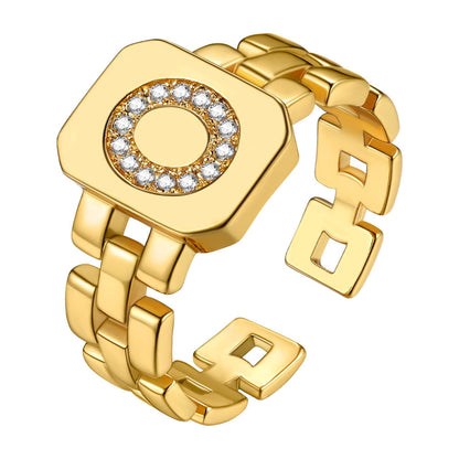 Cubic Zirconia Initial Letter Adjustable Chain Signet Rings for Women Men