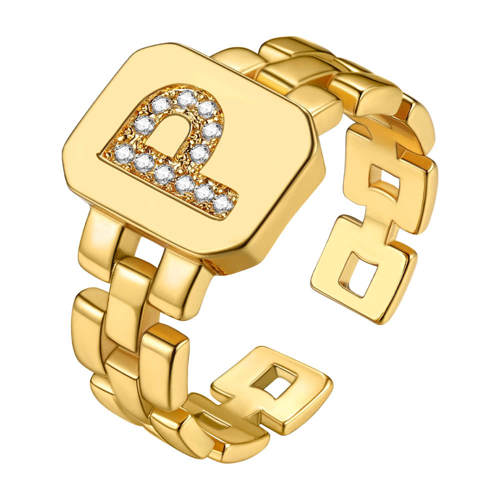 Cubic Zirconia Initial Letter Adjustable Chain Signet Rings for Women Men