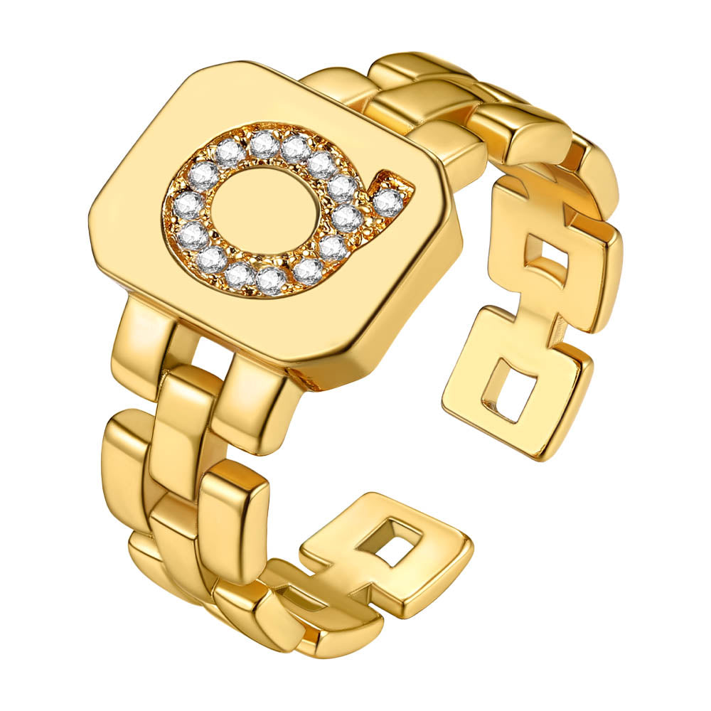 Cubic Zirconia Initial Letter Adjustable Chain Signet Rings for Women Men