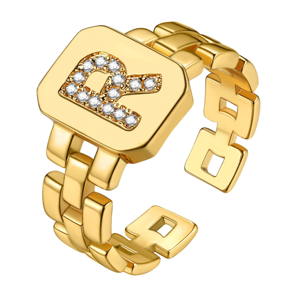 Cubic Zirconia Initial Letter Adjustable Chain Signet Rings for Women Men