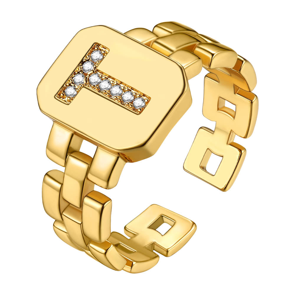 Cubic Zirconia Initial Letter Adjustable Chain Signet Rings for Women Men