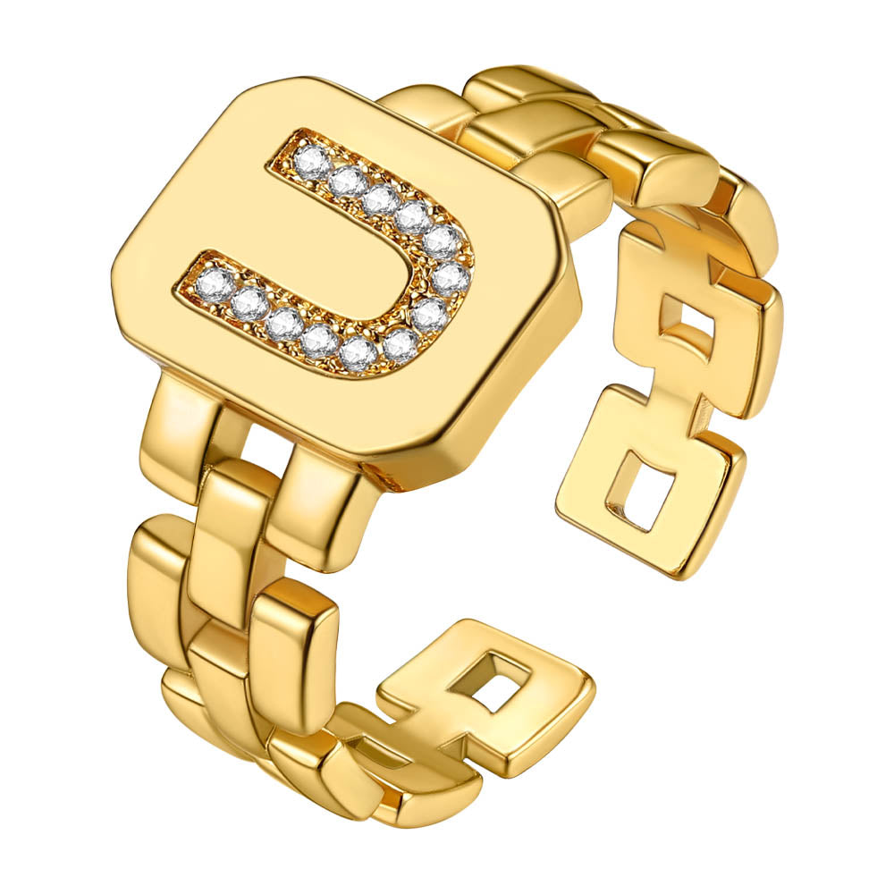 Cubic Zirconia Initial Letter Adjustable Chain Signet Rings for Women Men