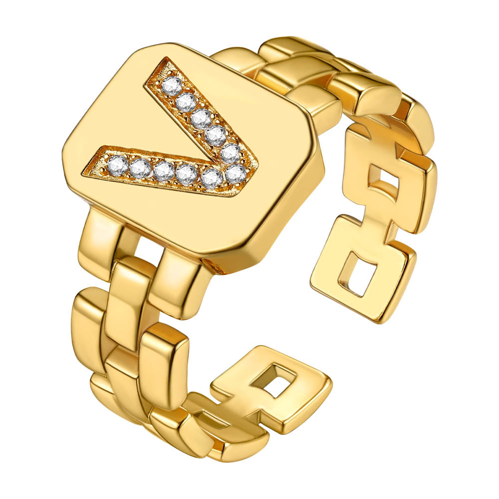 Cubic Zirconia Initial Letter Adjustable Chain Signet Rings for Women Men