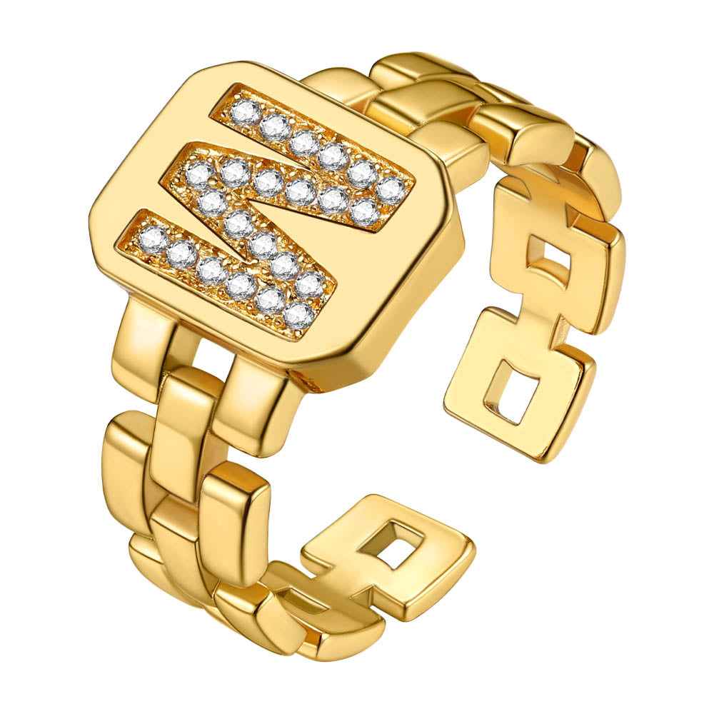 Cubic Zirconia Initial Letter Adjustable Chain Signet Rings for Women Men