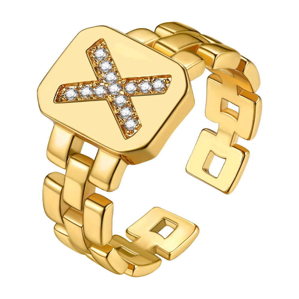 Cubic Zirconia Initial Letter Adjustable Chain Signet Rings for Women Men