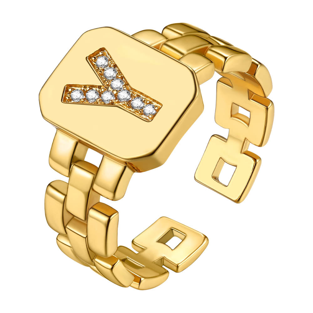 Cubic Zirconia Initial Letter Adjustable Chain Signet Rings for Women Men