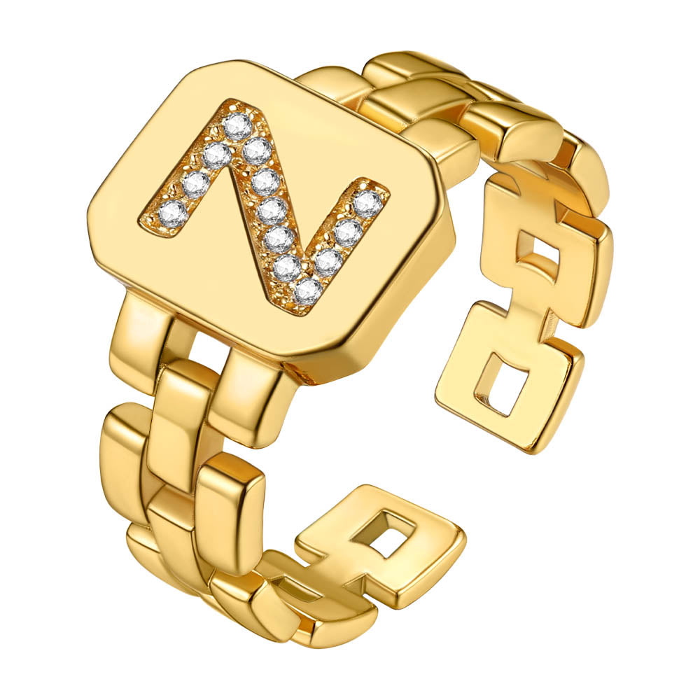 Cubic Zirconia Initial Letter Adjustable Chain Signet Rings for Women Men