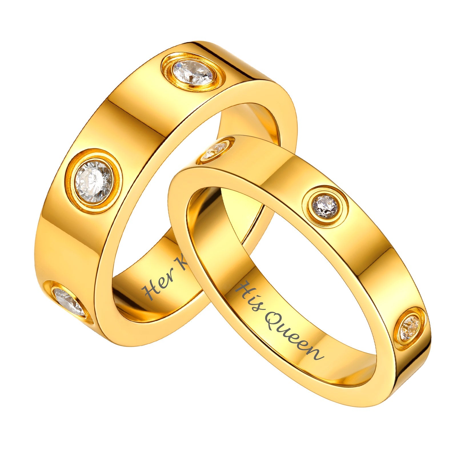 Two gold couple rings with diamond accents on a white background