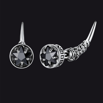 Viking Nordic Star Black CZ Rune Fang Stud Earrings for Men