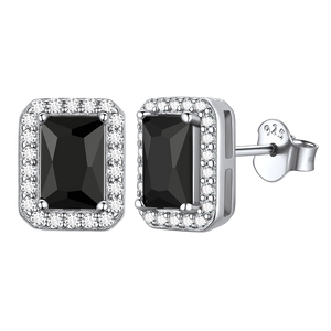 Sterling Silver Square Cut Halo Stud Earrings with Black Cubic Zirconia