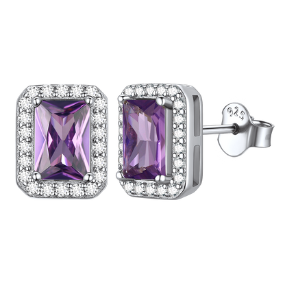 Purple Cubic Zirconia Halo Stud Earrings in Sterling Silver