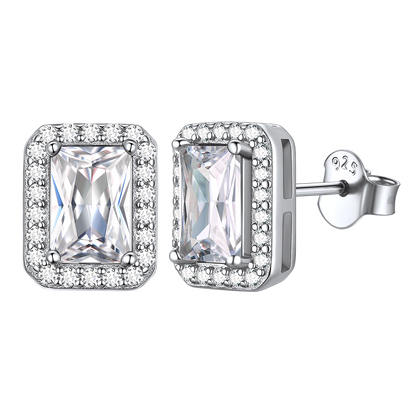 Silver halo stud earrings with rectangular cubic zirconia