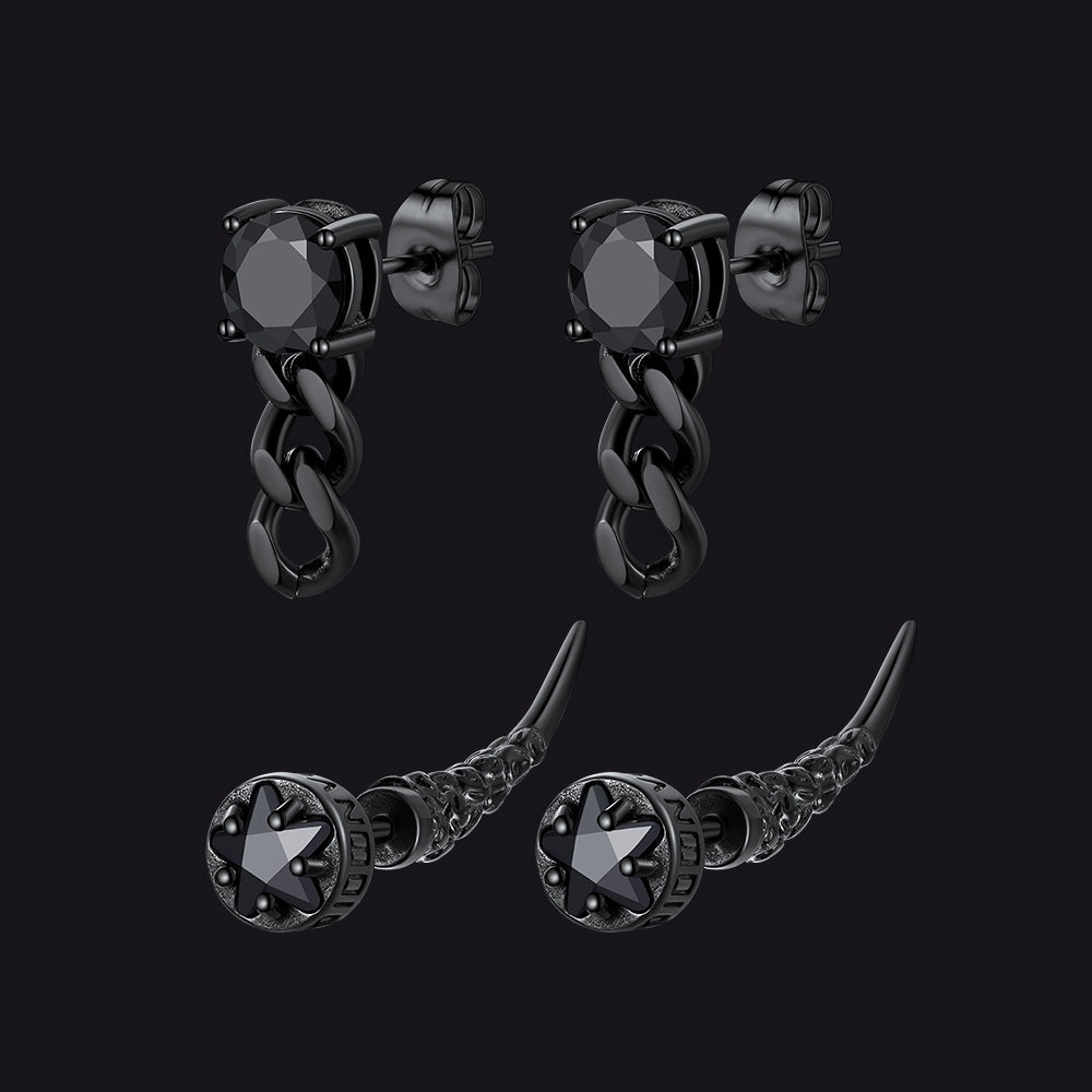Set of black earrings on a transparent background