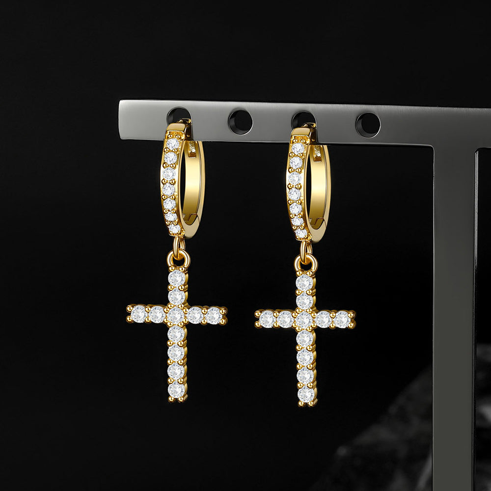 Gold + White Cubic Zirconia Cross Drop Hoop Earrings for Men