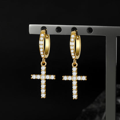 Gold + White Cubic Zirconia Cross Drop Hoop Earrings for Men