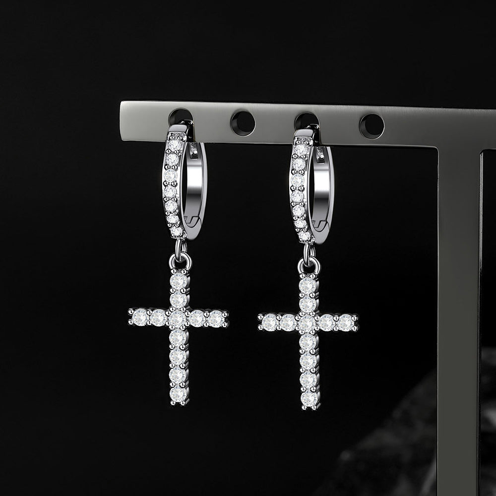 Silver Cubic Zirconia Cross Drop Hoop Earrings for Men