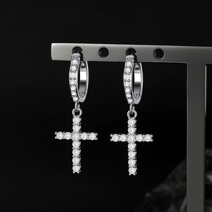 Silver Cubic Zirconia Cross Drop Hoop Earrings for Men