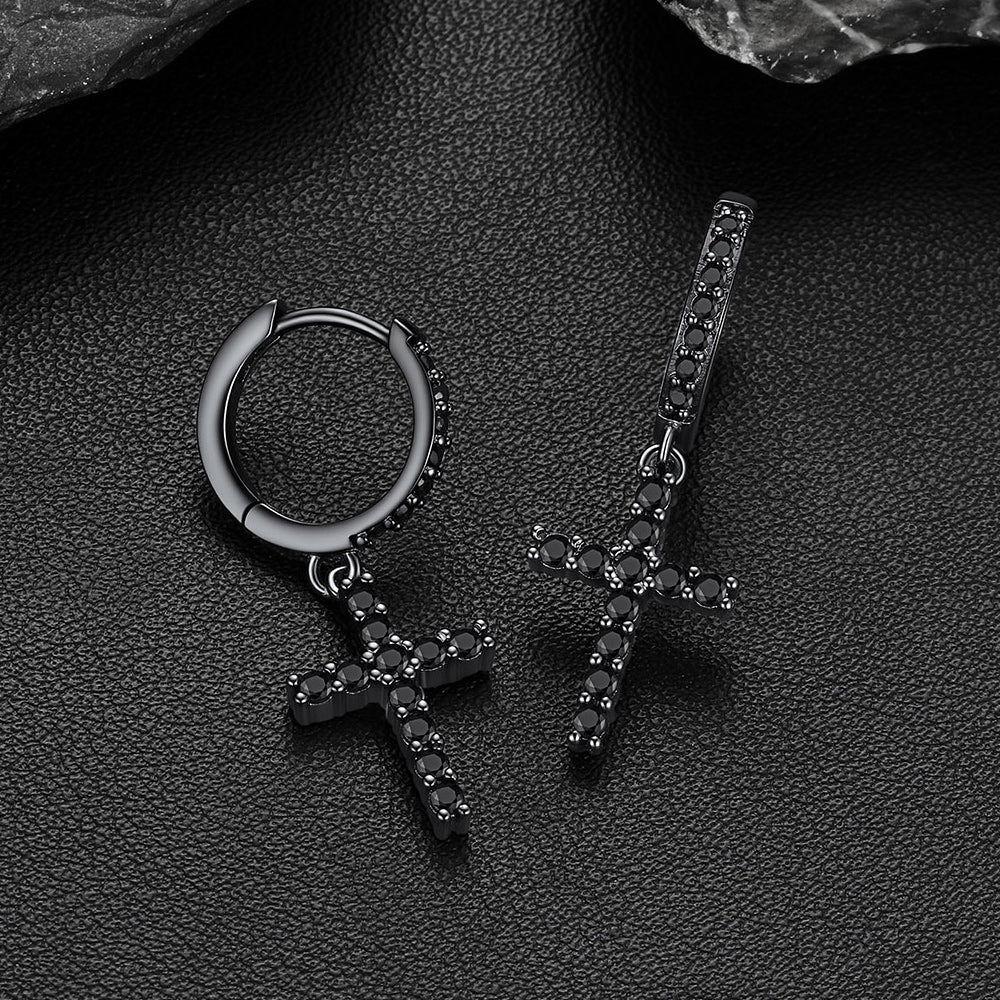 Black Cubic Zirconia Cross Drop Hoop Earrings for Men