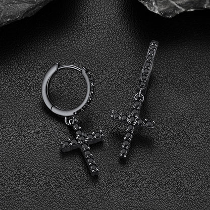 Black Cubic Zirconia Cross Drop Hoop Earrings for Men