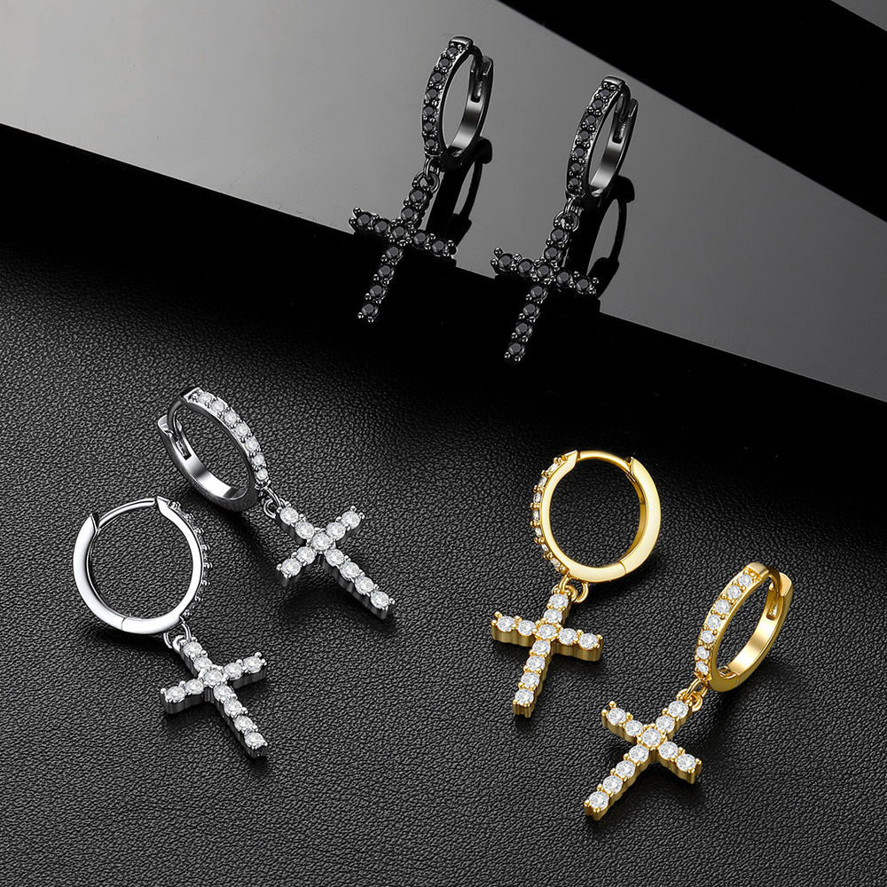 Cubic Zirconia Cross Drop Hoop Earrings, silver, gold, black