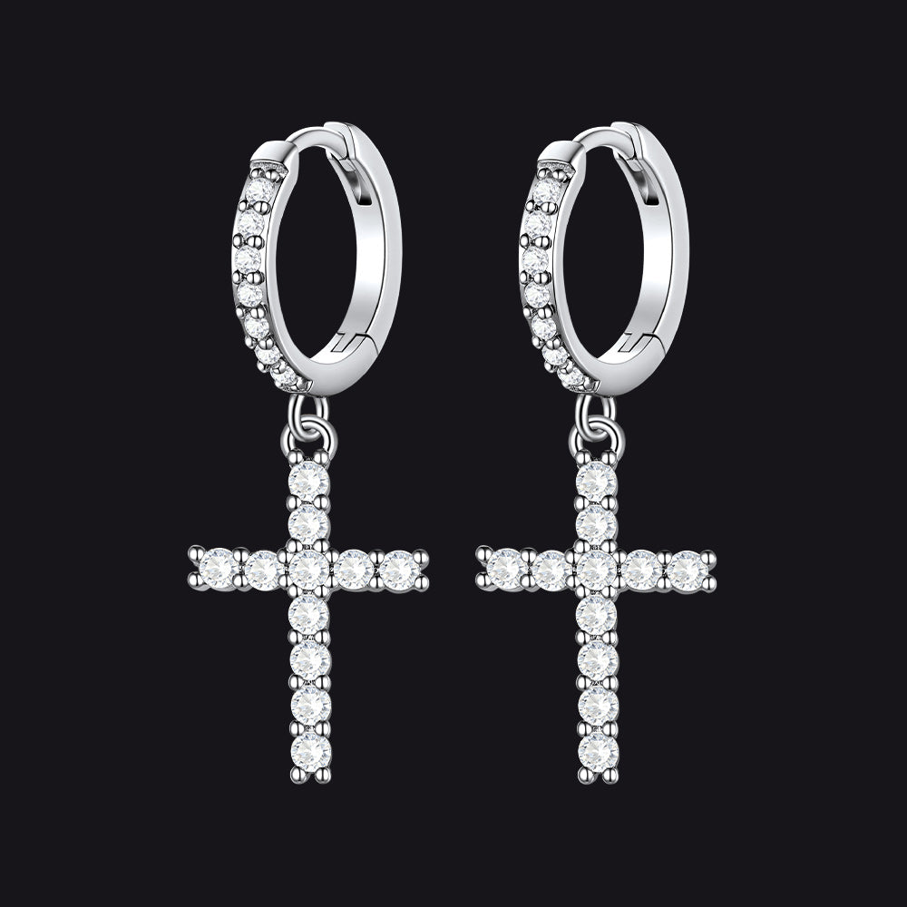 Silver Cubic Zirconia Cross Drop Hoop Earrings for Men