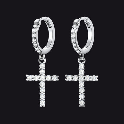 Silver Cubic Zirconia Cross Drop Hoop Earrings for Men