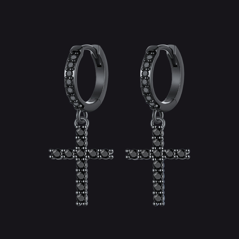 Black Cubic Zirconia Cross Drop Hoop Earrings for Men