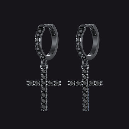 Black Cubic Zirconia Cross Drop Hoop Earrings for Men