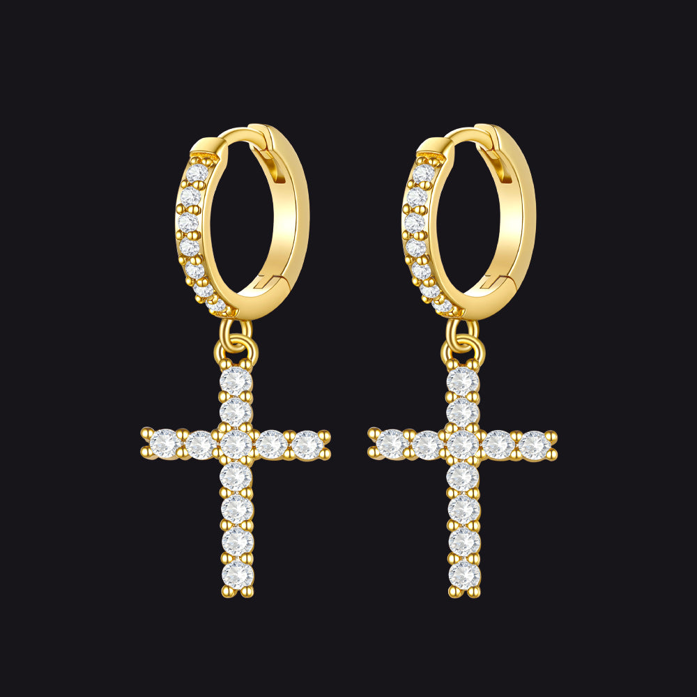 Gold + White Cubic Zirconia Cross Drop Hoop Earrings for Men