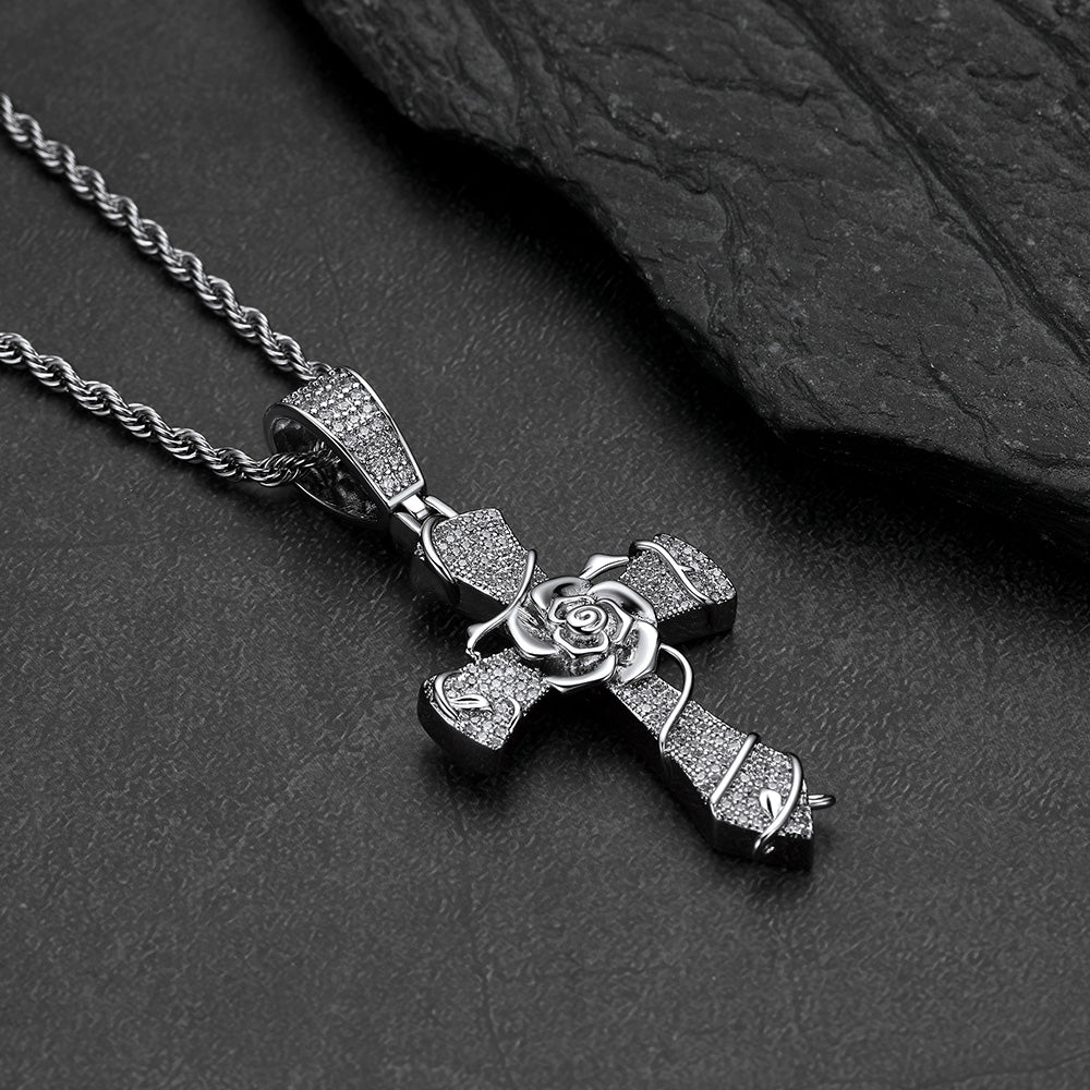 Gothic thorns rose crucifix cross necklace